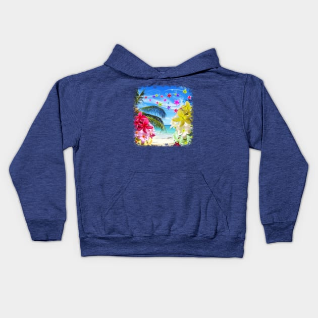 Tropical Beach and Exotic Plumeria Flowers Kids Hoodie by BluedarkArt